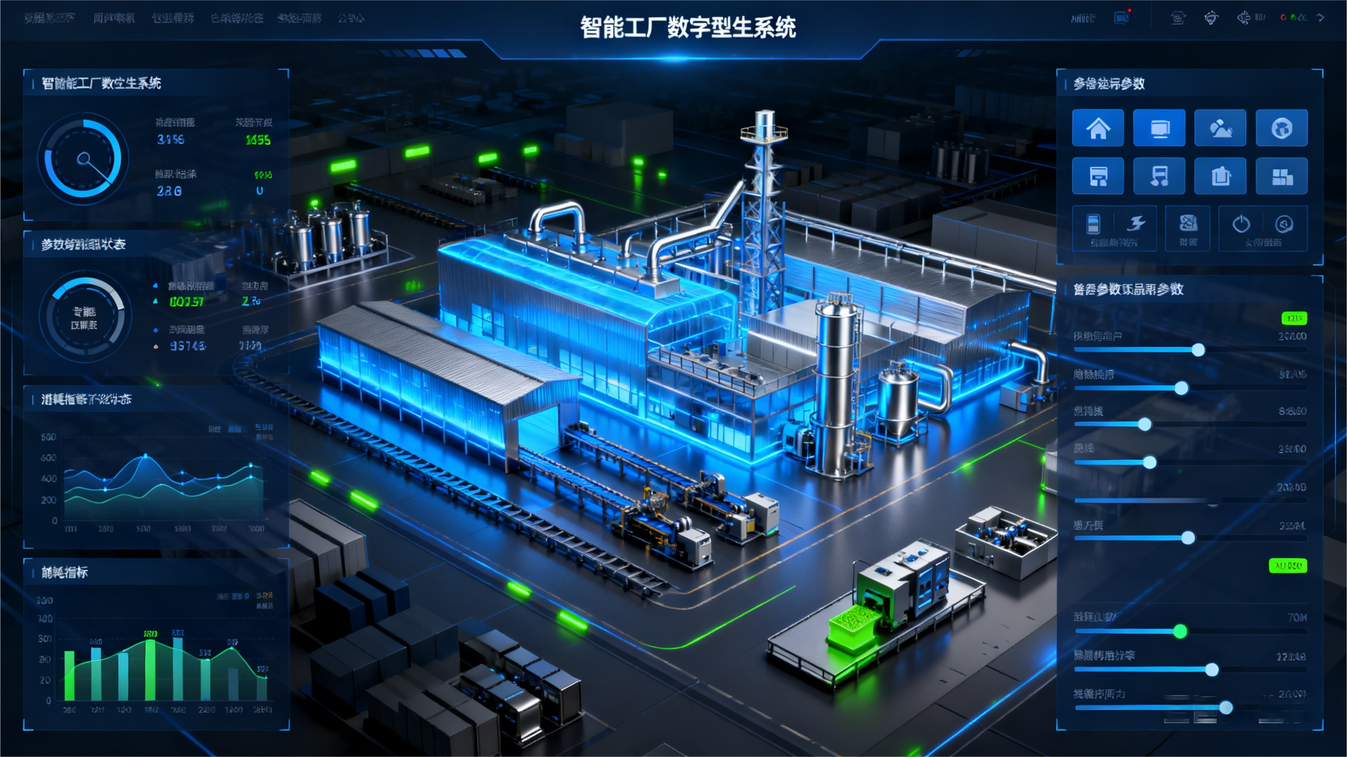 汽车零部件产线数字孪生系统界面，显示实时生产数据和3D生产线模型